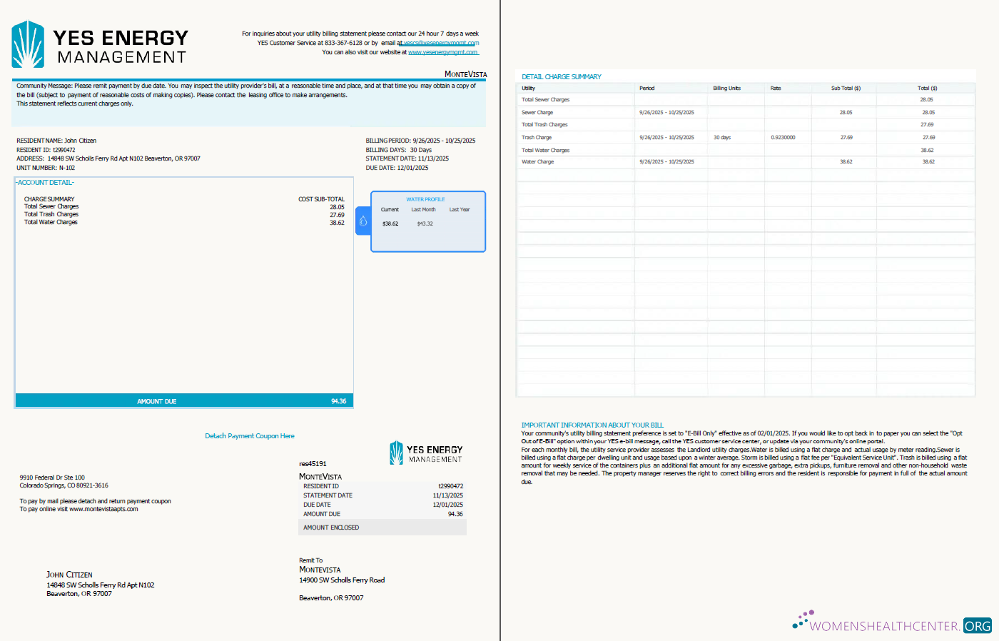 Editierbare Herunterladen USA YES Energy Management Nebenkostenabrechnung Vorlage in Word und PDF Formats, 2 Seiten PDF Vorlage