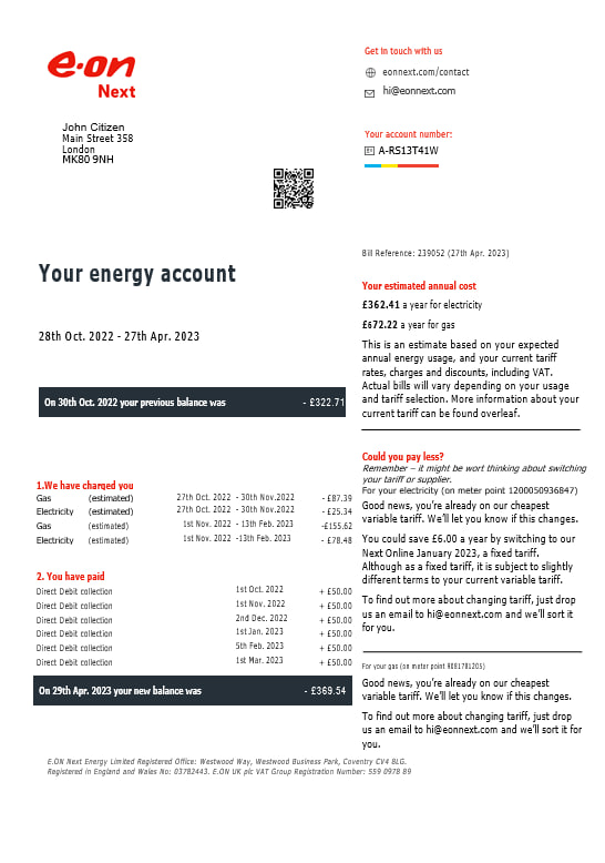 Professionelle Herunterladen Vereinigtes Königreich Eon Gas und Strom Nebenkostenabrechnung in Word und PDF Formats, Version 7 PDF Vorlage