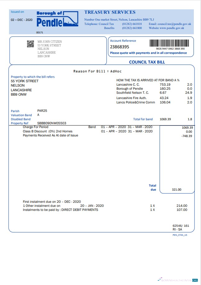 Premium Herunterladen Vereinigtes Königreich Borough von Pendle Council Tax Bill Vorlage in Word und PDF Format PDF Vorlage