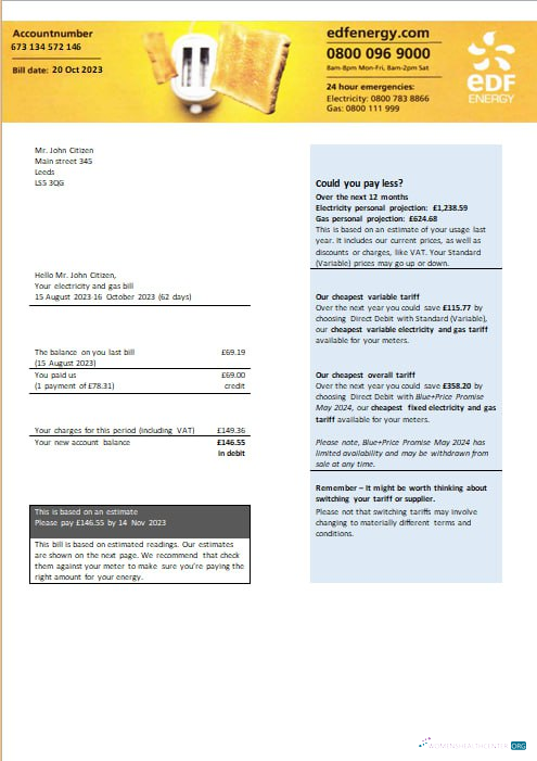 Premium Herunterladen Vereinigtes Königreich EDF Energy Strom und Gas Nebenkostenabrechnung Word und PDF Formats PDF Vorlage