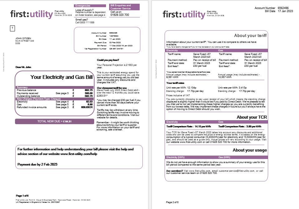 Premium Herunterladen Vereinigtes Königreich Erste Gas und Strom Nebenkostenabrechnung in Word und PDF Formats, 6 Seiten PDF Vorlage