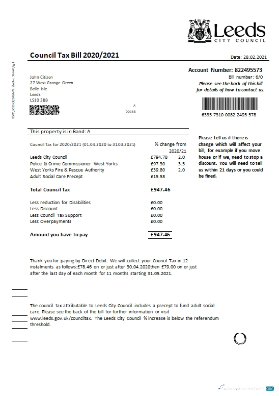 Editierbare Herunterladen Vereinigtes Königreich Leeds Stadt Council Tax Bill Vorlage in Word und PDF Format PDF Vorlage