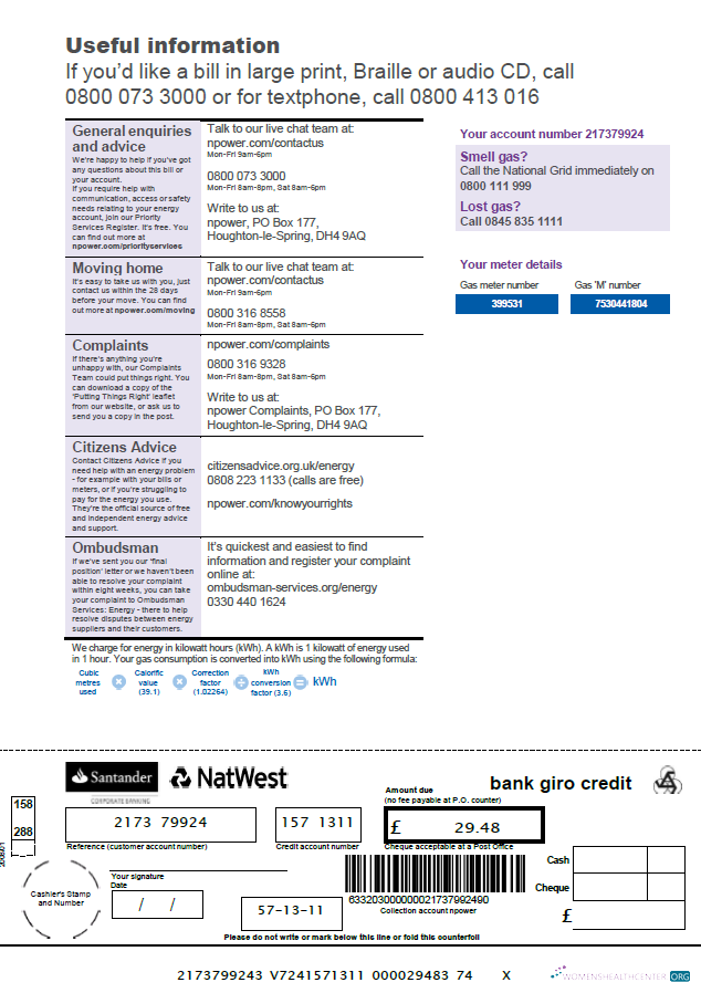 Realistische Herunterladen Vereinigtes Königreich Npower Nebenkostenabrechnung Vorlage in Word und PDF Formats, 3 Seiten, 3rd Seite PDF Vorlage