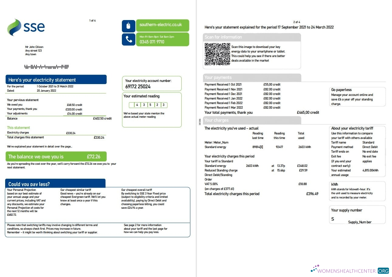 Editierbare Herunterladen Vereinigtes Königreich SSE Energy Nebenkostenabrechnung, Word und PDF Vorlage, 4 Seiten 1 2 PDF Vorlage