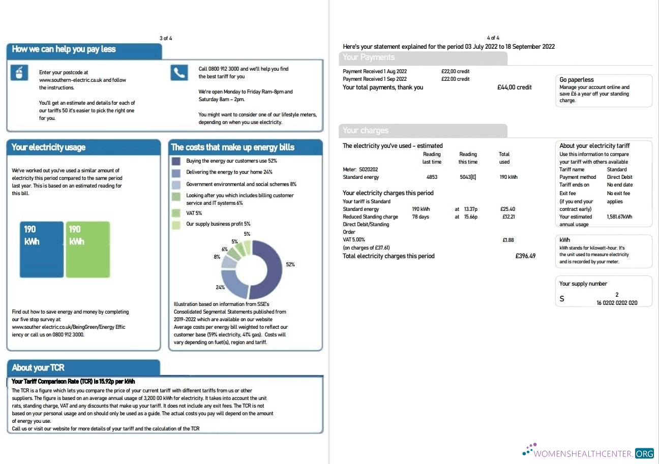 Realistische Herunterladen Vereinigtes Königreich SSE Energy Nebenkostenabrechnung, Word und PDF Vorlage, 4 Seiten 3 4 PDF Vorlage