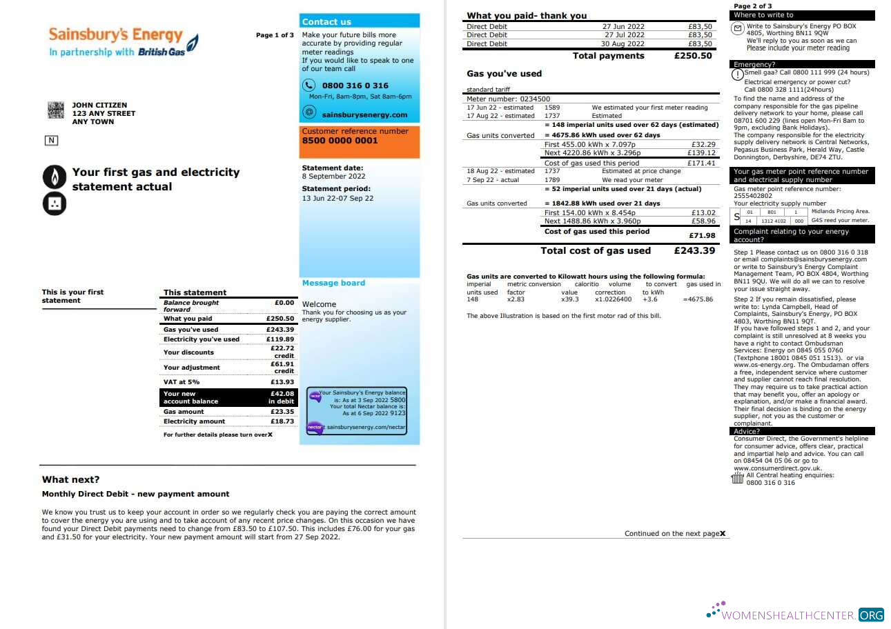 Professionelle Herunterladen Vereinigtes Königreich Sainsbury’s Energy (British Gas) Bill, Word und PDF Vorlage, 3 Seiten 1 2 PDF Vorlage