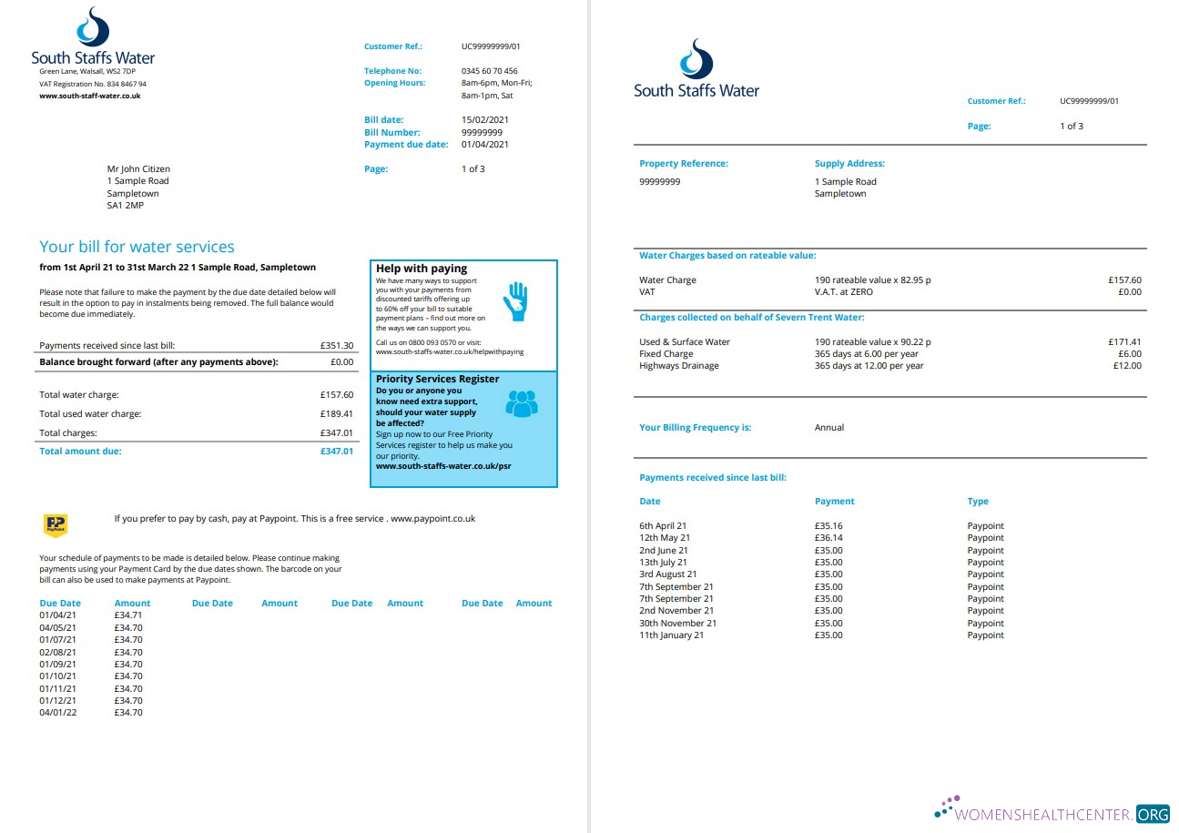 Realistische Herunterladen Vereinigtes Königreich Süd Staffs Wasser Nebenkostenabrechnung Vorlage in Word und PDF Format, 2 Seiten PDF Vorlage