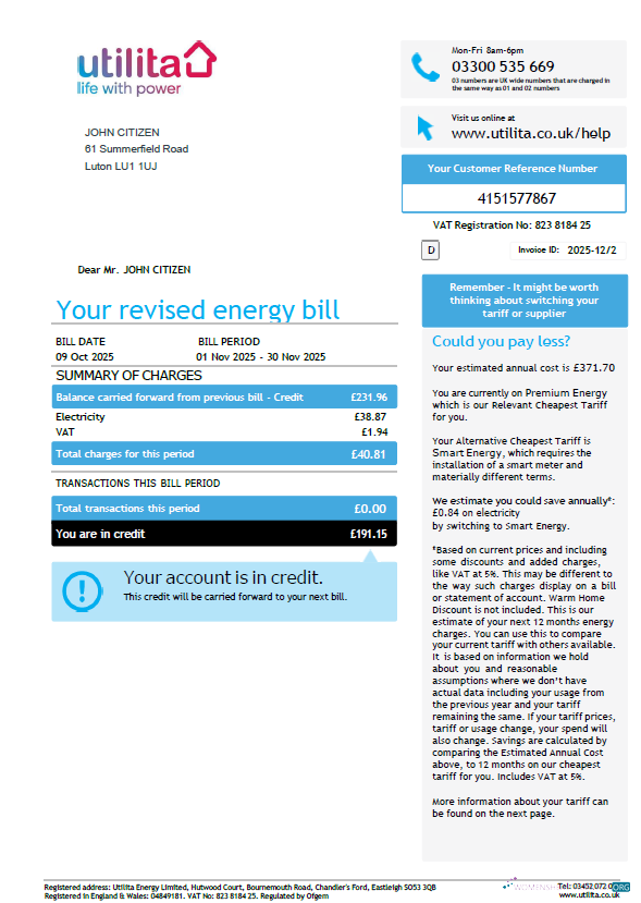 Premium Herunterladen Vereinigtes Königreich Utilita Energy Nebenkostenabrechnung Vorlage in Word und PDF Formats PDF Vorlage