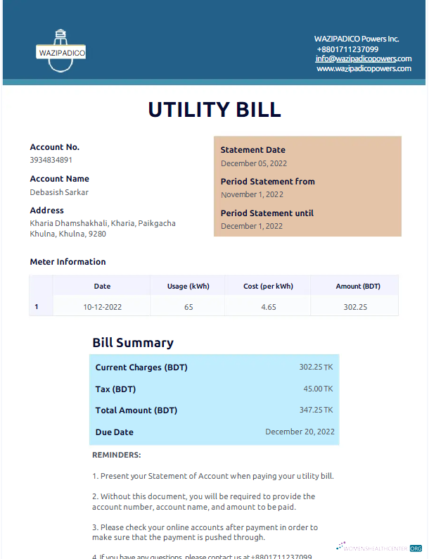 Editierbare Herunterladen Herunterladen Bangladesch WAZIPADICO POWER Nebenkostenabrechnung Word und PDF Vorlage PDF Vorlage PDF Vorlage