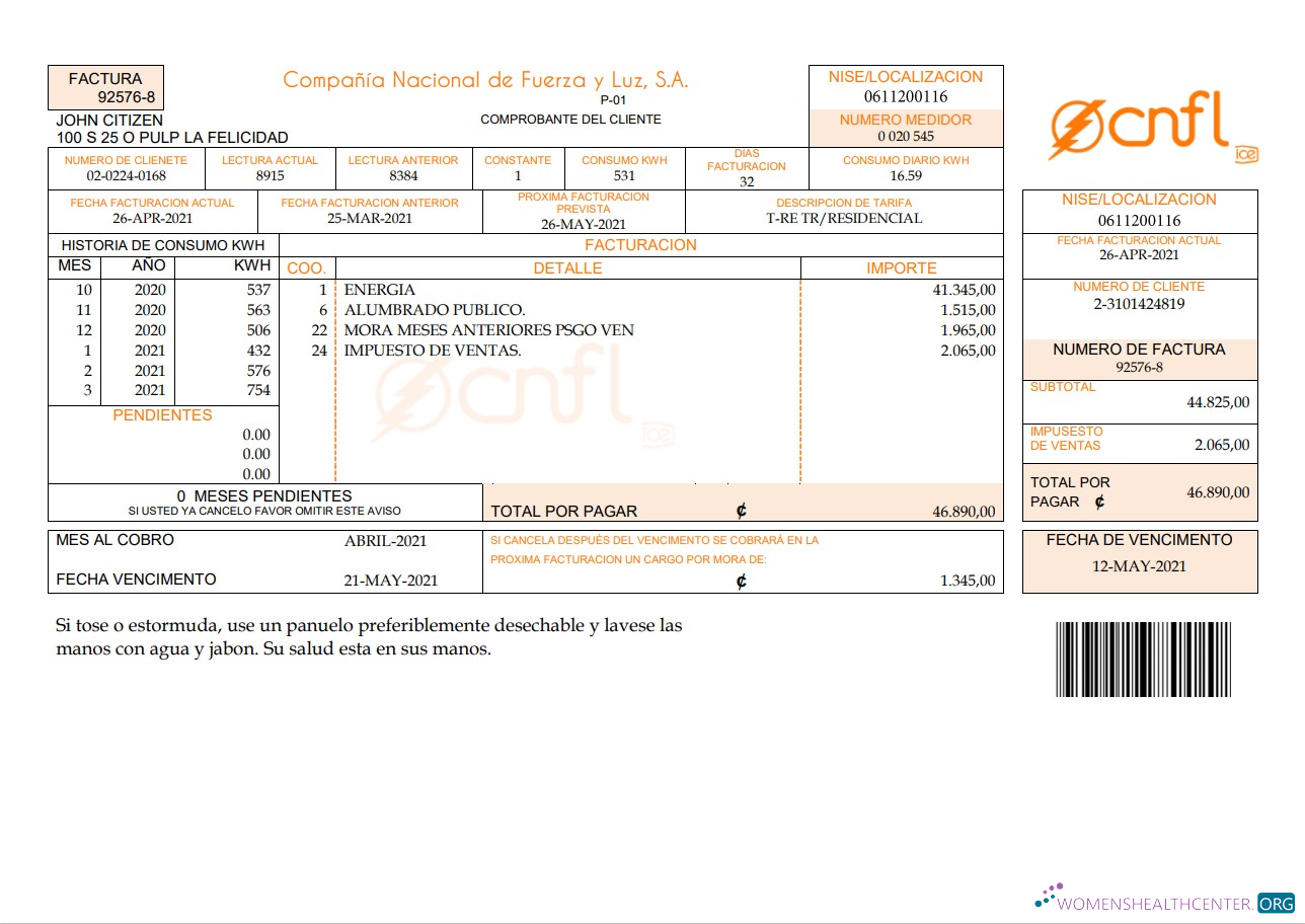 Herunterladen Herunterladen Costa Rica Compañía Nacional de Fuerza Y Luz, S.A. (CNFL) Nebenkostenabrechnung modell