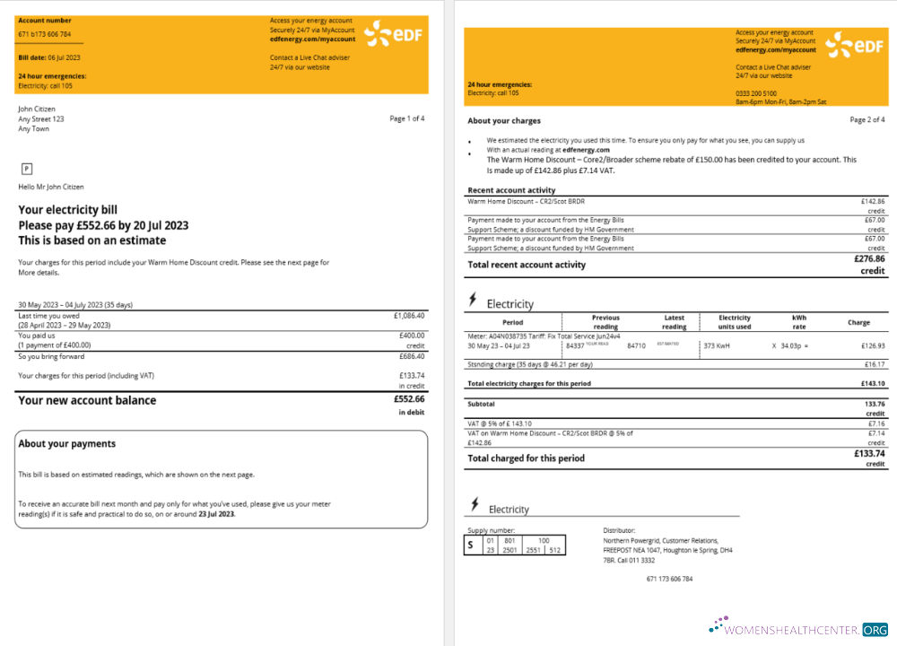 Realistische Herunterladen Herunterladen Frankreich EDF Energy Nebenkostenabrechnung Word und PDF Vorlage, 4 Seiten 1 2 PDF Vorlage PDF Vorlage