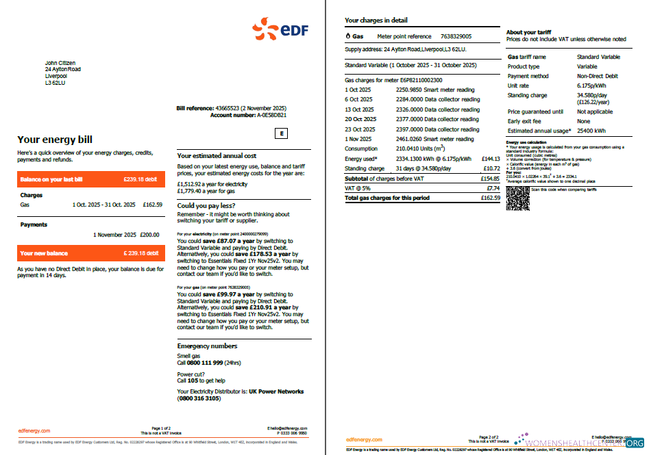 Realistische Herunterladen Herunterladen Frankreich EDF Nebenkostenabrechnung Vorlage in Word und PDF Formats, 2 Seiten PDF Vorlage PDF Vorlage