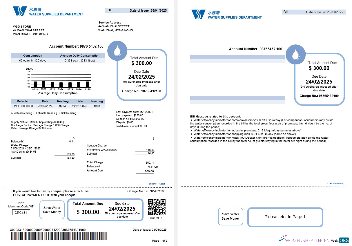 Realistische Herunterladen Herunterladen Hong Kong Wasser Supplies Abteilung Nebenkostenabrechnung Editable Vorlage