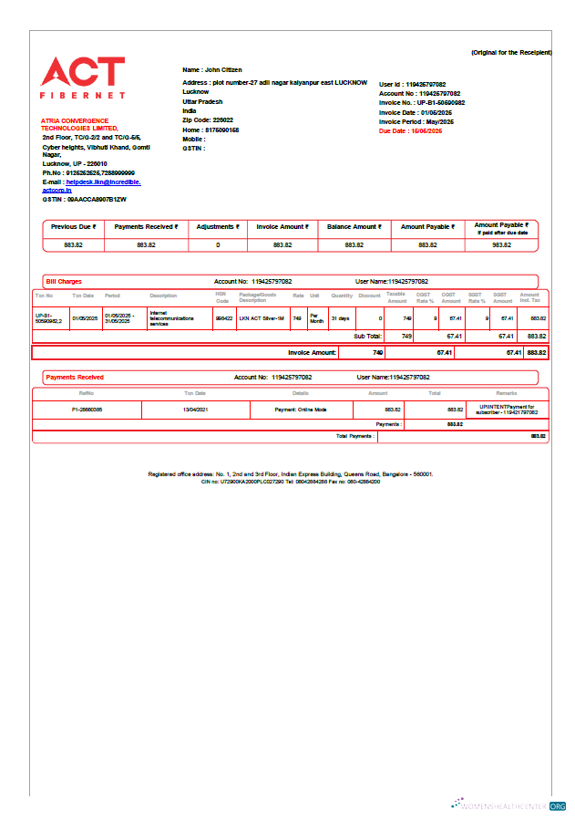 Editierbare Herunterladen Herunterladen Indien ACT Fibernet Nebenkostenabrechnung Vorlage in Word und PDF Formats PDF Vorlage PDF Vorlage