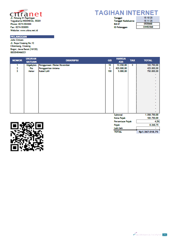 Realistische Herunterladen Herunterladen Indonesien Citranet Nebenkostenabrechnung Vorlage in Word und PDF Formats PDF Vorlage PDF Vorlage
