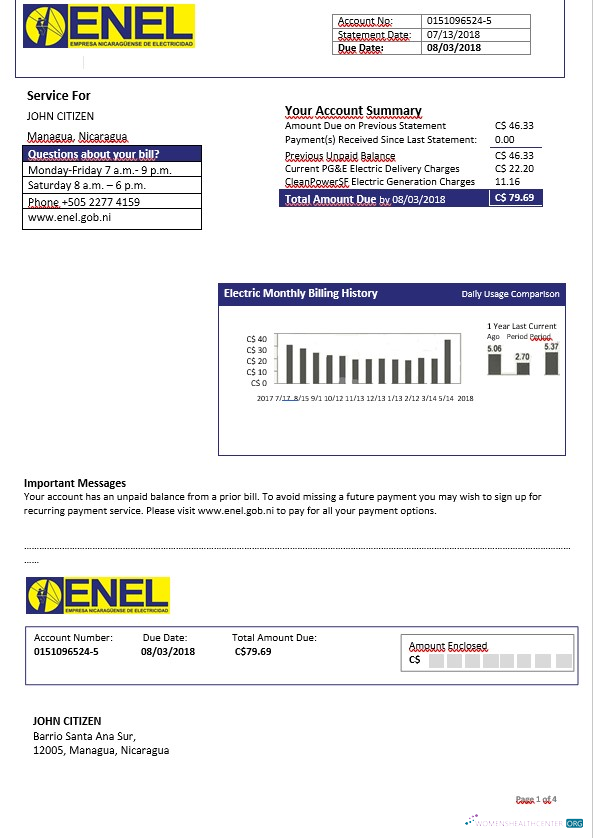 Realistische Herunterladen Herunterladen Nicaragua Nicaraguan Strom Unternehmen ENEL Strom Bill Vorlage in Word Format