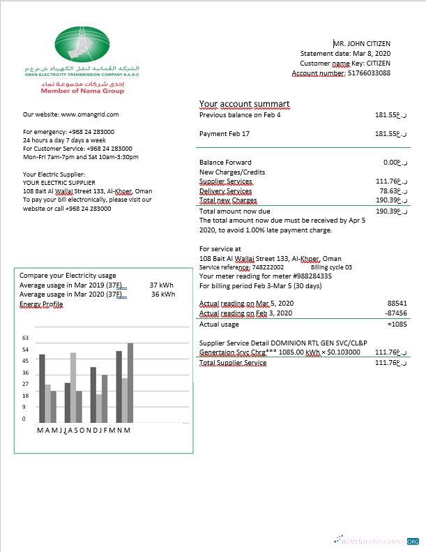 Herunterladen Herunterladen Oman Oman Strom Übertragung Unternehmen Strom Bill in Word Format muster