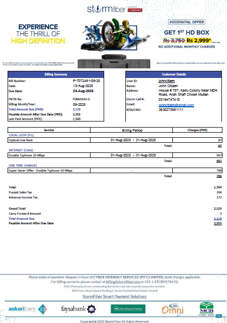 Professionelle Herunterladen Herunterladen Pakistan StormFiber Nebenkostenabrechnung Vorlage in Word und PDF Formats PDF Vorlage PDF Vorlage