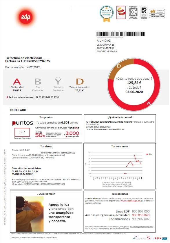 Premium Herunterladen Herunterladen Spanien EDP Nebenkostenabrechnung Vorlage, Version 2