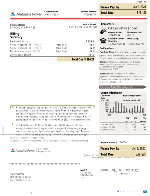 Herunterladen Herunterladen USA Alabama Power Nebenkostenabrechnung modell