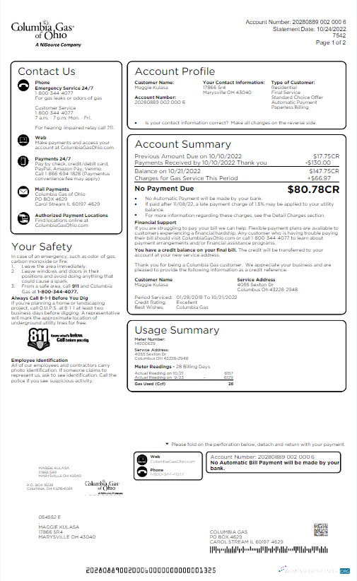Editierbare Herunterladen Herunterladen USA COLUMBIA Gas von OHIO Nebenkostenabrechnung Word und PDF Vorlage PDF Vorlage PDF Vorlage