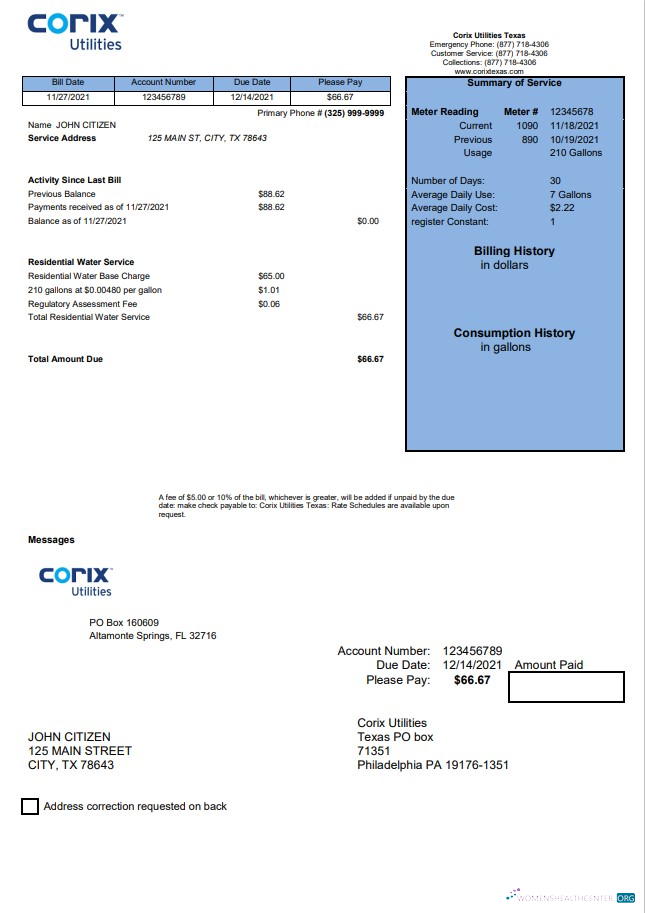 Editierbare Herunterladen Herunterladen USA Corix Utilities Bill Vorlage in Word und PDF Format PDF Vorlage PDF Vorlage