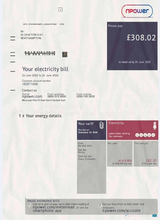 Hochwertige Herunterladen Herunterladen Vereinigtes Königreich Npower Strom Bill in PSD Format Photoshop Vorlage Photoshop Vorlage